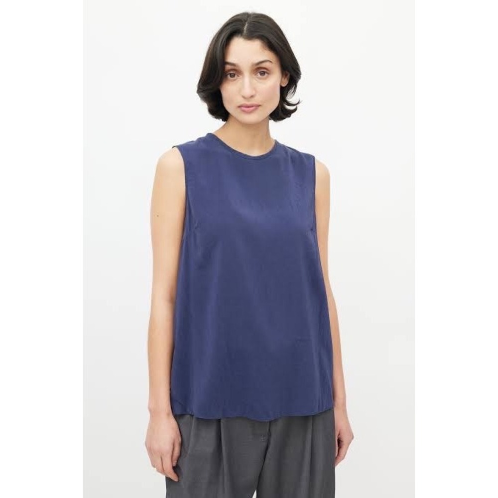 Brunello Cucinelli Navy Blue Silk Stretch Sleeveless Blouse | Size Medium
